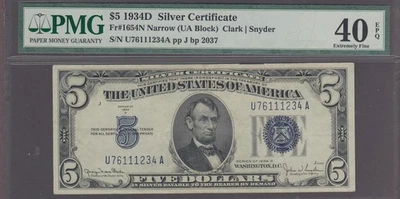 1934 D Siver Certificate $5 Dollar Note Fr#1654N Narrow (UA Block) PMG 40EPQ - Image 1 of 2