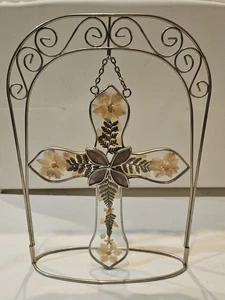 Glasische Erbstücke Heilige Kommunion Charmeur Kreuz mit gepressten Blumen 12"T  - Bild 1 von 8