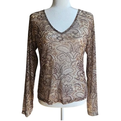 Top De Colección Limitado Talla Grande Marrón Estampado Paisley Malla Transparente Y2K Boho Elastizado Otoño Foto 1 de 4