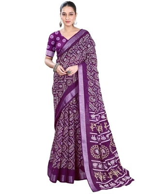 Sari de mujer de algodón y lino estampado y borde Zari con pieza blusa sin costuras Foto 1 de 4