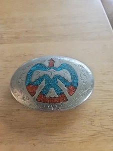 Vintage Quirino German Silver Turquoise & Coral Inlay Thunderbird Belt Buckle . - Picture 1 of 8