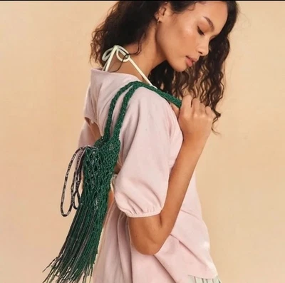 全新带标签 Free People Hayes 串珠波西米亚编织单肩包绿色黑色头巾衬里 — 第 1/4 张图片