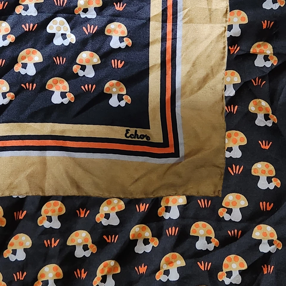 Vtg ECHO Mod Mushrooms Scarf 70s Funky 100% Silk Japan Black Orange Khaki Read - Image 1 of 4