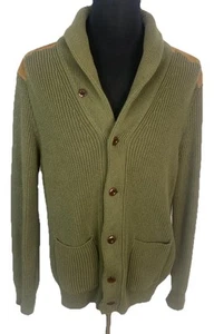 J.Crew Sweater Mens Large Green Shawl Collar Cotton Cardigan Suede Shoulders - Picture 1 of 12
