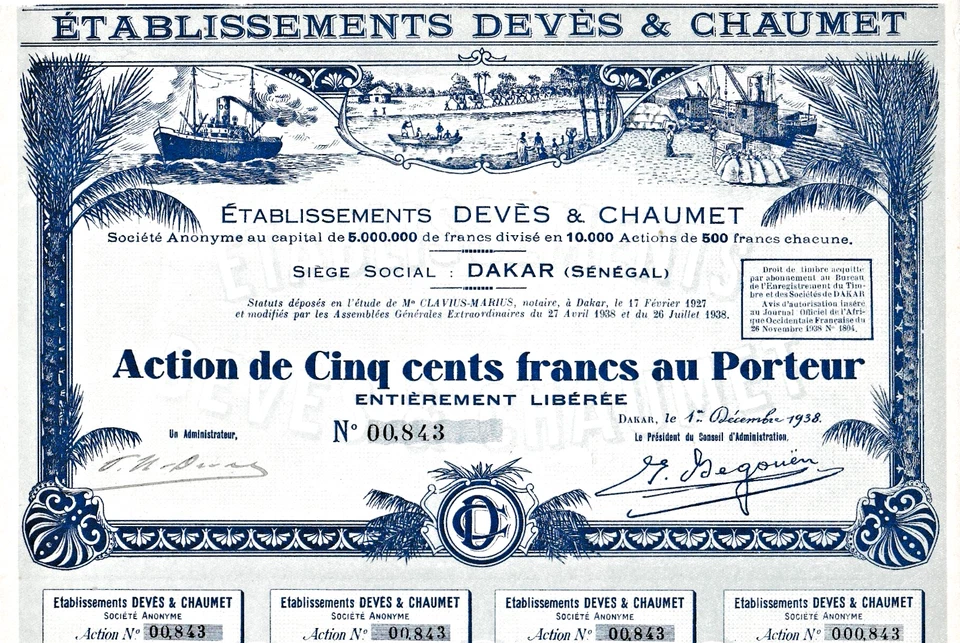 Ètablissements Devès & Chaumet S.A. Dakar Senegal hist. Acciones 1938 Africa Schiff Foto 1 de 1
