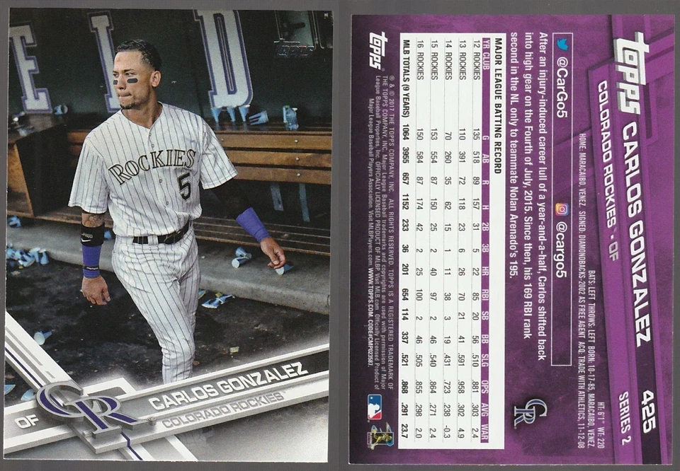 Camiseta deportiva 2017 Topps Image Variation SSP blanca a rayas Carlos González #425B Foto 1 de 1