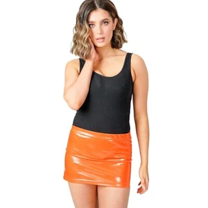 PVC orange Micro-Minirock für Damen - Wet Leder Optik, hohe Taille, dehnbar - Bild 1 von 7