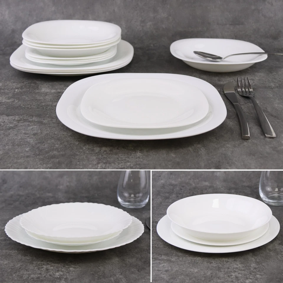 12/24pc White Opal Glass Dinner Set Plates Soup Bowls Dinnerware Service for 4 8 - Image 1 of 1
