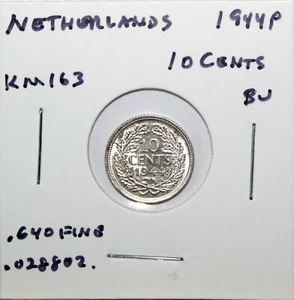 Niederlande 1944 Silber 10 Cent Stempelglanz KM163 kostenloser Versand - Bild 1 von 2