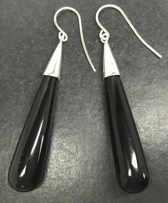 Black onyx long drop earrings solid Sterling Silver Torpedo. 45mm total gift box - Image 1 of 4