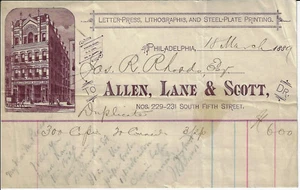 1889 Allen, Lane & Scott Lithographie & Druck Briefkopf Philadelphia PA   - Bild 1 von 2