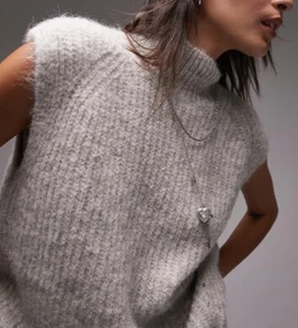 NWT Topshop Asos Knitted Sweater Long Line Fluffy Sleeveless Tank Mockneck 4-6 S - Picture 1 of 10