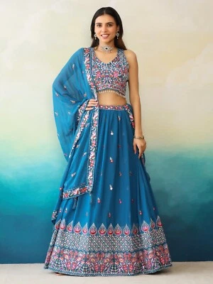 Blue base designer sleeveless blouse with lehenga and dupatta for festive season - Image 1 of 4