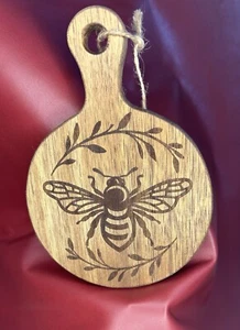 Bee Happy Handcrafted Mini Round Cheese Board w/ Handle Acacia Wood Sm Business - Picture 1 of 6