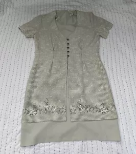 Vintage Kurzarm Kleid grün Gingham Blumen Faux Staubtuch Lagenlook Knopf 90er - Bild 1 von 16