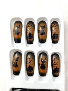FALSE NAILS HALLOWEEN DESIGN CAT AND PUMPKINS JUST ADD GLUE FOR READY TO WEAR - Picture 1 of 2