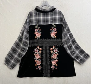 Andree by Unit Size XL Top Shirt Plaid Button Up Embroidered Long Sleeve - Picture 1 of 9