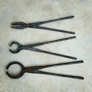 Antique Blacksmith Tongs Set Of 3 Forge Hammer Anvil And Vise Tools Knifemaking - Picture 1 of 5