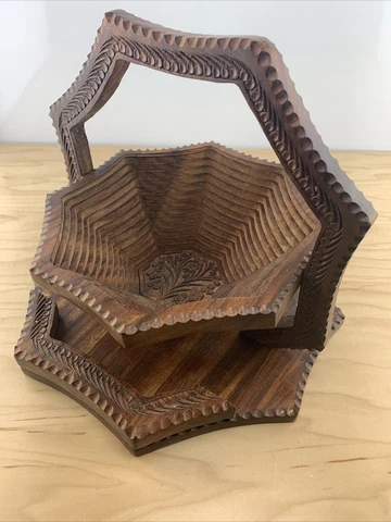 Vintage Folding Spiral Collapsible Wooden Basket Fruit Nut Bowl 11'' Cover