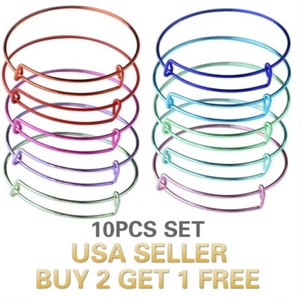 10PCS Multi-Color Red Green Blue Pink Tone Expandable Wire Bangle Bar Bracelets - Picture 1 of 23