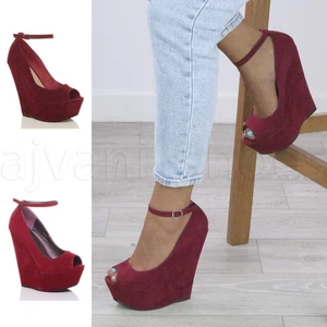 DAMEN HOHE KEILABSATZ KNÖCHELRIEMEN PEEPTOE PLATEAUSANDALEN GRÖSSE - Bild 1 von 18