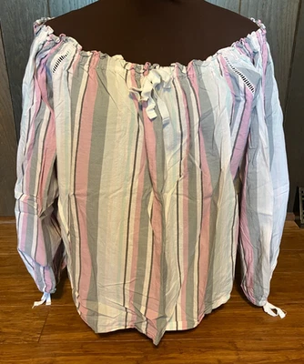 Top Victoria's Secret ROSA Rayas Fuera del Hombro Algodón Manga Larga Talla Mediana Foto 1 de 4