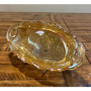 Vintage Indiana Glass Iridescent Marigold Carnival Two Handled Oval Relish Dish - Picture 1 of 18