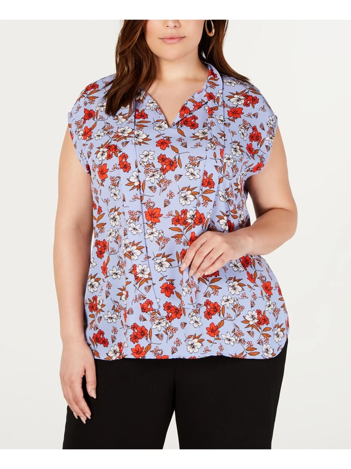 Bar III Womens Purple Tie Neck Printed Shirt Blouse Top Plus 1x BHFO 4612