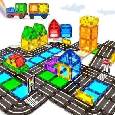 Azulejos magnéticos bloques de construcción de carreteras - juego de coche grúa magnética para niños de 3 a 5 años... Foto 1 de 4