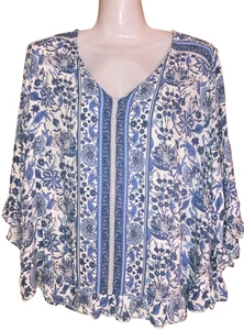 Cynthia Rowley Tunic Blouse Size 1X Blue White Floral Bell Sleeves Ruffles Boho - Picture 1 of 6