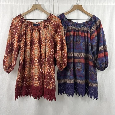 Westbound Lote de 2 Camisas Top Coloridas Campesinas Boho Crochet Ribete Mujer Talla L Foto 1 de 4