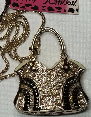 Betsey Johnson Brown / Gold Crystal/enamel Purse Necklace Cute Handles Move - Image 1 of 4