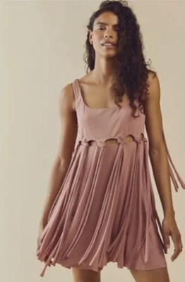 Free People Dress Sz M NEW Soleil Mini French Boho Hippie Tunic Top Pink Fringe - Image 1 of 4