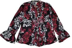 Camisa Loren D. Abotonada Para Mujer Grande L Floral Mangas Largas Campana Plisada Primavera - Imagen 1 de 9