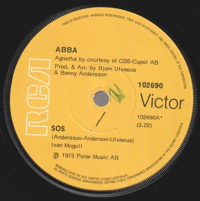 Abba Sos 7" vinyl Australia Rca Victor 1976 7". 102690 - Image 1 of 2