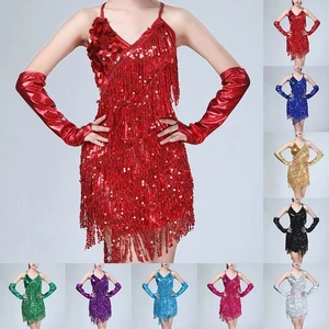 Sequin Latin Dress Women Halter Neck Tango Dance Costume Rose Red Dress - Picture 1 of 30