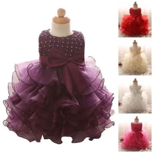 Newborn Baby Girl Party Dresses Beads Sleeveless Toddler Wedding Kids Clothes UK - Picture 1 of 11