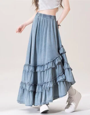 Fashion Women's Denim Ruffles A-Line Skirts Irregular Jean Skirts Casual Summer - Image 1 of 4