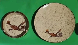 Vintage Otagiri Japan Roadrunner Stoneware 8" Plate & Ashtray Southwest Cactus - Picture 1 of 9