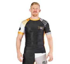 Fuji Linear Lockdown MMA BJJ Jiu Jitsu Short Sleeve SS Rashguard - Black/Orange - Picture 1 of 10