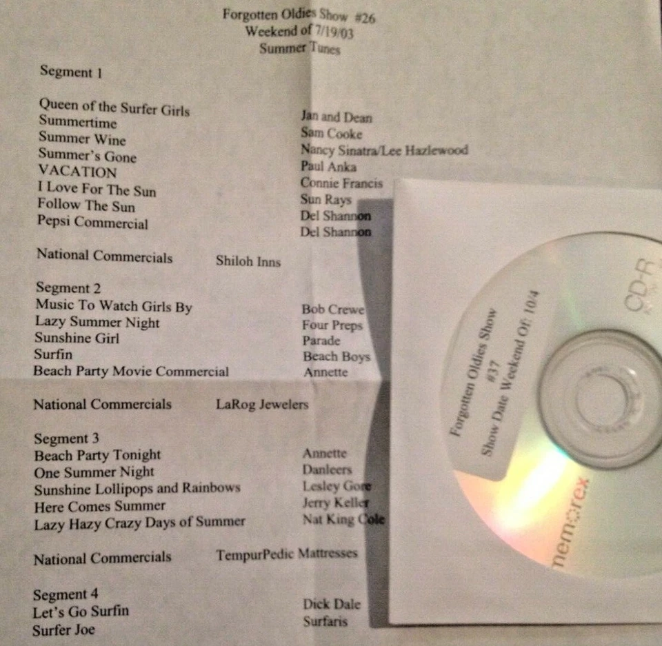 RADIO SHOW:FORGOTTEN SUMMER OLDIES 7/19/03 DEL SHANNON,4 PREPS,DICK DALE,ANNETTE - Image 1 of 1