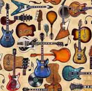 Rock N Roll Fantasy•Guitars, Guitar Fabric! 100% Cott•1yd•BTY•Tan•Fast Ship! - Picture 1 of 3
