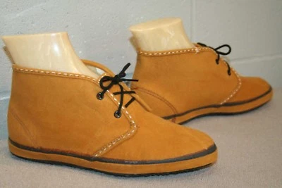 5.5  NOS Vtg 70s ANKLE BOOTS GOLD Faux Suede Velour Ankle Rubber Flat Sole Shoes - Image 1 of 4
