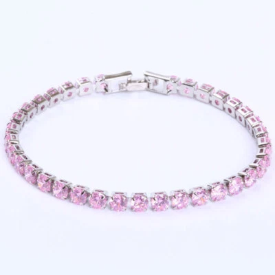 4mm New Party Jewelry Round Cut Pink Topaz Gemstone Women Silver Bracelets - Image 1 of 4