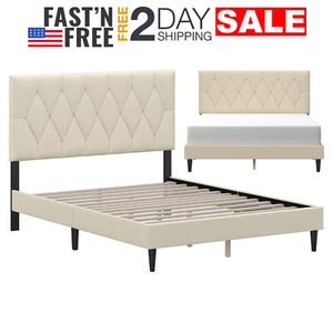 Base Con Cabecera De Cama Queen Size Ivory Moderna Plataforma Tapizada En Oferta - Picture 1 of 11