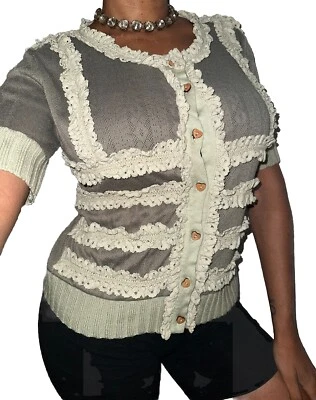 Hazel Anthropologie Women’s Cardigan Sweater Ruffle Crochet Button Front Green M - Image 1 of 4