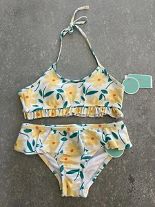 NWT Copper Key Girls Floral Two Piece Swimsuit Size 10 White Yellow Ruffle Lined - Picture 1 of 6