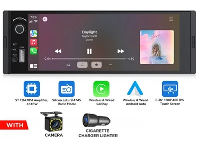CarPlay Android Auto 1DIN Radio Wireless 6,36" IPS Screen USB FM RDS Parking Cam - Bild 1 von 4