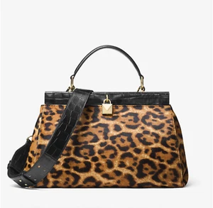 MICHAEL KORS Gramercy Leopard Calf Hair Frame Top Handle Satchel -Butterscotch - Picture 1 of 15