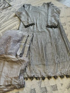 Designer Net Grey Silver 3 Piece Stitched Dress Suit Pakistani Indian Asian - Picture 1 of 5